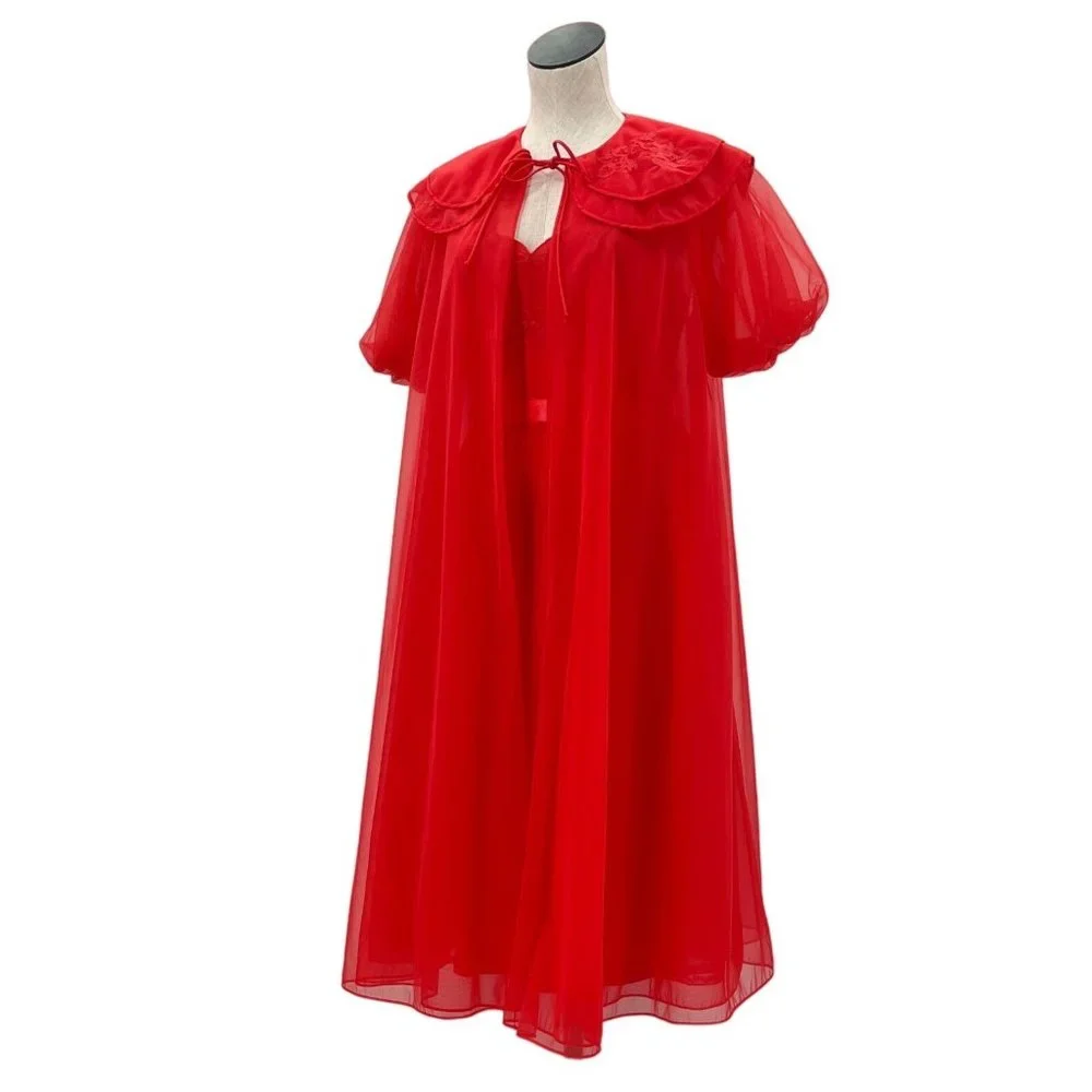 1950s Vanity Fair Ruby Red Two-Piece Nightgown & Robe Set Peignoir Boudoir - Picture 15 of 15